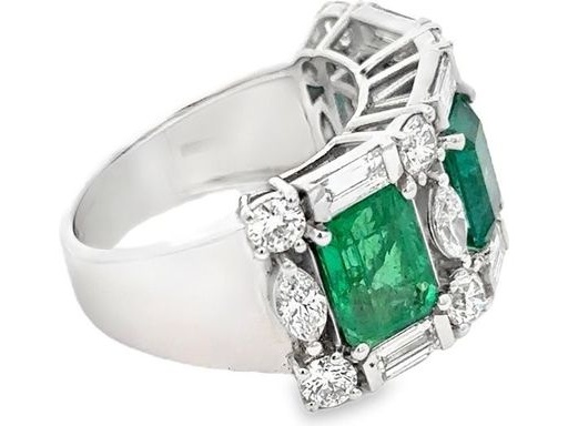 18K White Gold Ring with Emerald-Cut Emeralds, Natural Baguette, Marquise and Round Diamonds
