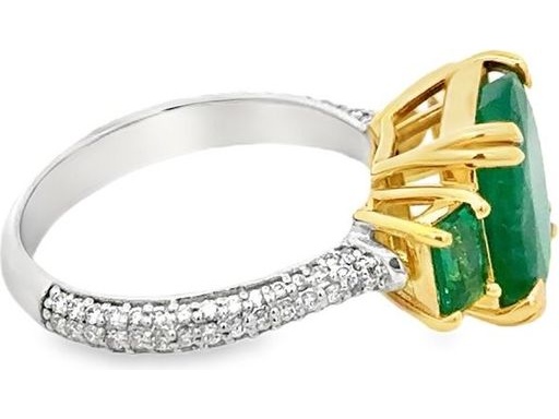 18K White and Yellow Gold Ring with Oval-Cut Emerald, Side Emerald-Cut Emeralds, and Natural Round Diamonds