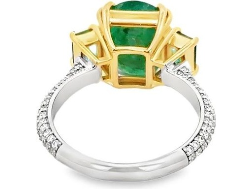 18K White and Yellow Gold Ring with Oval-Cut Emerald, Side Emerald-Cut Emeralds, and Natural Round Diamonds