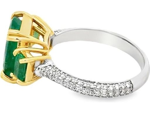 18K White and Yellow Gold Ring with Oval-Cut Emerald, Side Emerald-Cut Emeralds, and Natural Round Diamonds