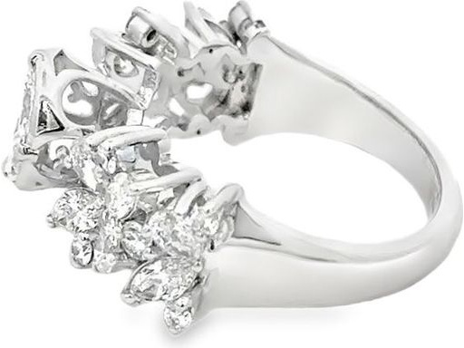 18K White Gold Ring with Natural Marquise, Pear, Round, and Princess-Cut Diamonds in Floral and Cluster Design