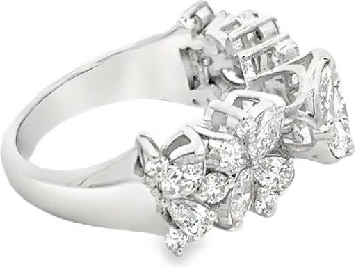 18K White Gold Ring with Natural Marquise, Pear, Round, and Princess-Cut Diamonds in Floral and Cluster Design