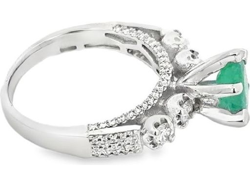 18K White Gold Ring with Oval-Cut Emerald, Natural Round Diamonds, and Pavé-Set Diamonds on the Band