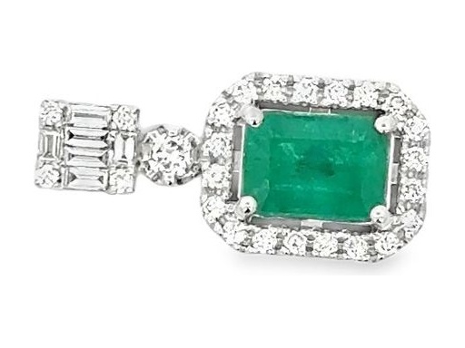 18K White Gold Pendant with Emerald-Cut Emerald, Baguette, and Round Natural Diamonds