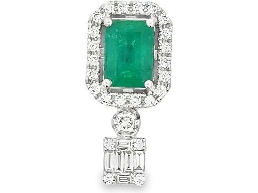 18K White Gold Pendant with Emerald-Cut Emerald, Baguette, and Round Natural Diamonds