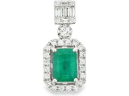 18K White Gold Pendant with Emerald-Cut Emerald, Baguette, and Round Natural Diamonds