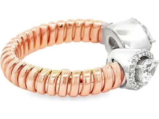 18K Rose and White Gold Open Ring with Natural Pear-Shaped Diamonds and Round Pavé Halo