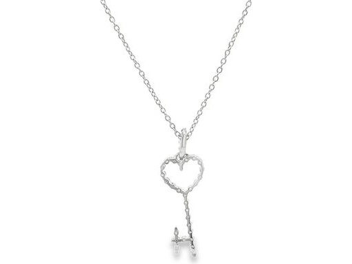 18K White Gold Natural Diamond Heart Key Pendant Necklace
