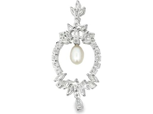 18K White Gold Natural Diamonds and Pearl Pendant with Marquise, Pear, and Round Cuts