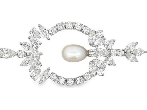 18K White Gold Natural Diamonds and Pearl Pendant with Marquise, Pear, and Round Cuts