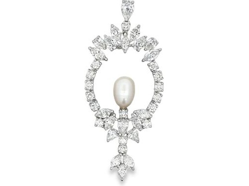 18K White Gold Natural Diamonds and Pearl Pendant with Marquise, Pear, and Round Cuts