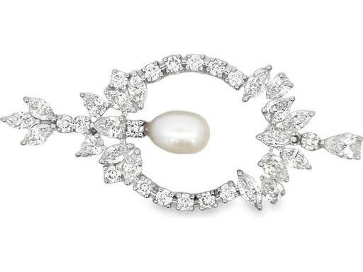 18K White Gold Natural Diamonds and Pearl Pendant with Marquise, Pear, and Round Cuts