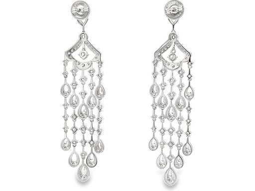 18K White Gold Natural Diamond Chandelier Earrings with Pear and Round Cuts