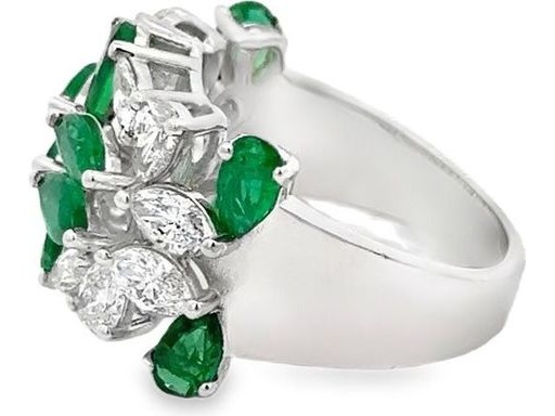 18K White Gold Natural Emerald Marquise and Pear Shape with Natural Diamonds Ring
