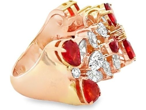 18K Rose Gold Natural Red Ruby and Natural Diamond Cluster Ring with Pear, Marquise, and Round Cuts