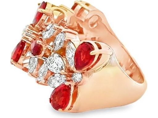 18K Rose Gold Natural Red Ruby and Natural Diamond Cluster Ring with Pear, Marquise, and Round Cuts