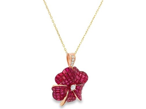 invisible setting Ruby & Diamond pendant in rose gold 