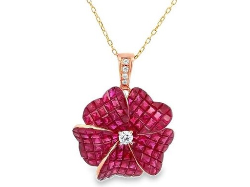 invisible setting Ruby & Diamond pendant in rose gold 