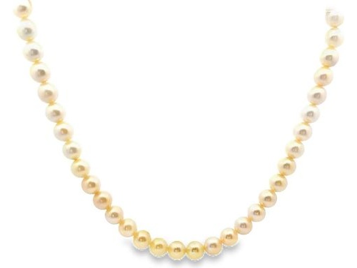 Luxurious 9–10mm Japanese Akoya Pearl Strand Necklace with 18K Yellow Gold Bow-Shaped Clasp Set with Natural Diamonds.