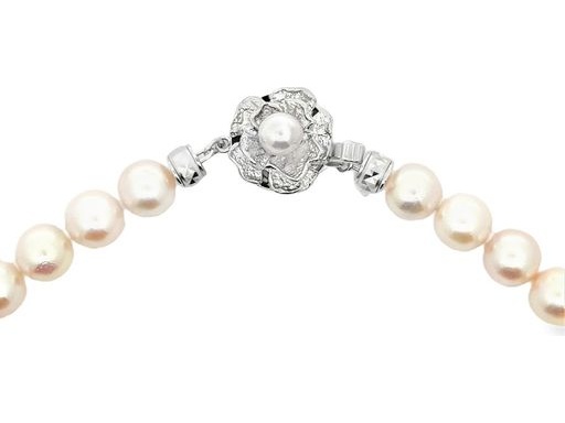 Elegant 8mm Japanese Akoya Pearl Strand Necklace with Sterling Silver Floral Clasp
