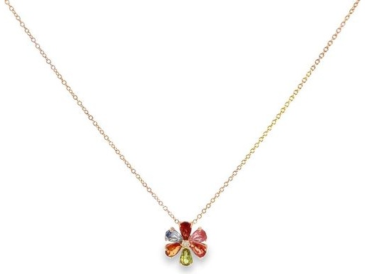 18K Rose Gold Floral Necklace with Natural Multicolor Gemstones and Center Diamond