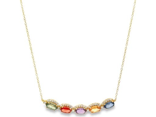 18K Rose Gold Necklace with Natural Multicolor Gemstones and Diamond Halo