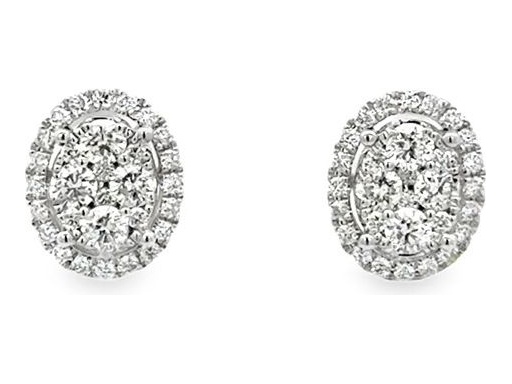 18K white gold stud earrings featuring natural diamonds in an elegant oval halo setting