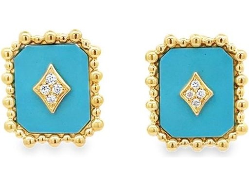 18K Yellow Gold Earrings with Synthetic Turquoise and Natural Diamonds