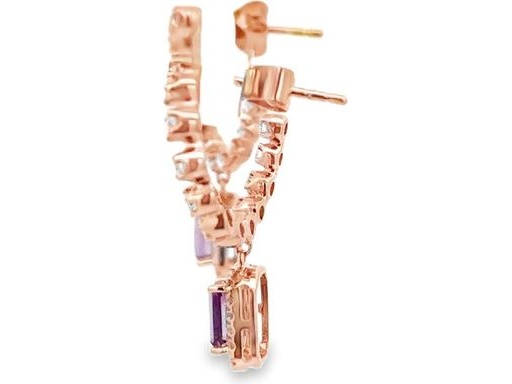 18K Rose Gold Earrings with Natural Diamonds & Amethyst – Dangling Lower Charm