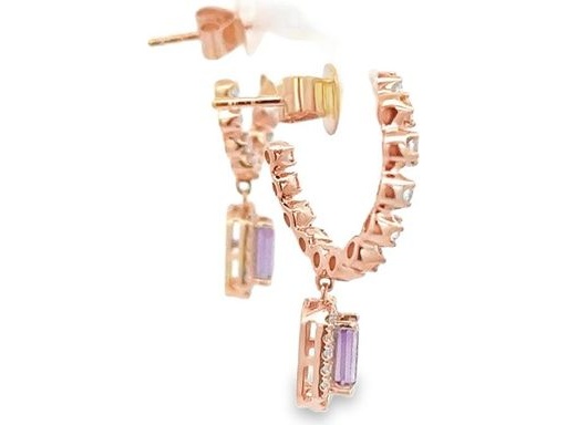 18K Rose Gold Earrings with Natural Diamonds & Amethyst – Dangling Lower Charm