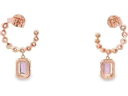 18K Rose Gold Earrings with Natural Diamonds & Amethyst – Dangling Lower Charm