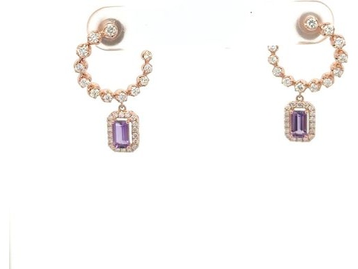 18K Rose Gold Earrings with Natural Diamonds & Amethyst – Dangling Lower Charm