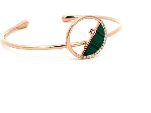 18K Rose Gold Open Bangle with Malachite, Natural Diamonds & Pink Sapphire (Madagascar)