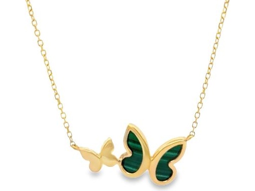 18K Yellow Gold Butterfly Necklace with Malachite and Natural Diamonds
