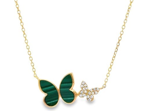 18K Yellow Gold Butterfly Necklace with Malachite and Natural Diamonds