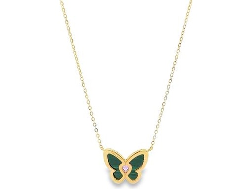 18K Yellow Gold Butterfly Necklace with Malachite, Amethyst, and Natural Diamonds