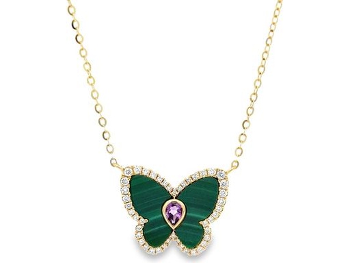 18K Yellow Gold Butterfly Necklace with Malachite, Amethyst, and Natural Diamonds