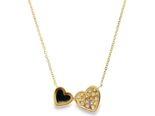 18K Yellow Gold Double Heart Necklace with Malachite and Natural Diamonds