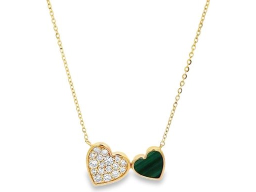 18K Yellow Gold Double Heart Necklace with Malachite and Natural Diamonds