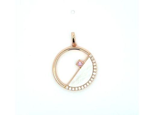18K Rose Gold Round Pendant with Mother of Pearl, Natural Diamonds and Pink Sapphire