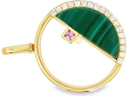18K Yellow Gold Round Pendant with Malachite, Natural Diamonds and Pink Sapphire