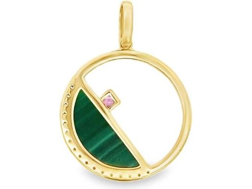 18K Yellow Gold Round Pendant with Malachite, Natural Diamonds and Pink Sapphire