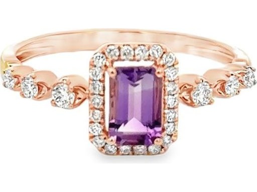 18K Rose Gold Emerald-Cut Amethyst Ring with Natural Diamonds