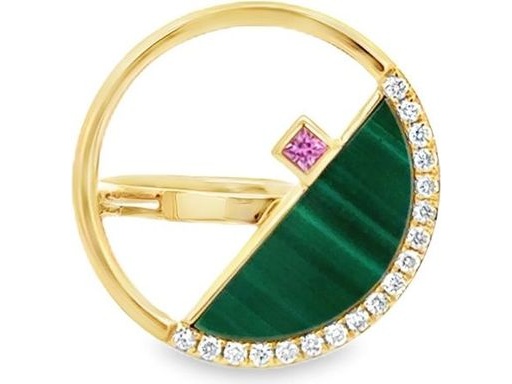 18K Yellow Gold Ring with Natural Diamonds, Green Malachite & Pink Sapphire Accent