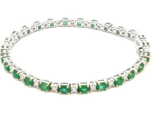 18K White Gold Tennis Bracelet with Natural Oval Emeralds and Diamonds
