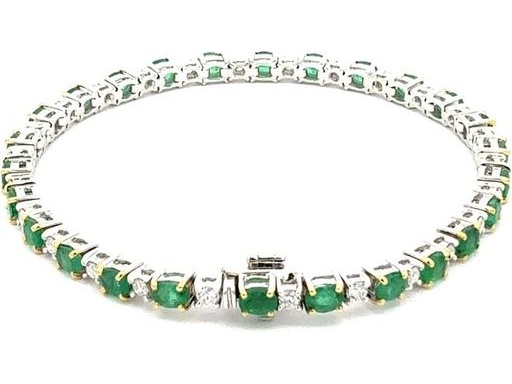 18K White Gold Tennis Bracelet with Natural Oval Emeralds and Diamonds