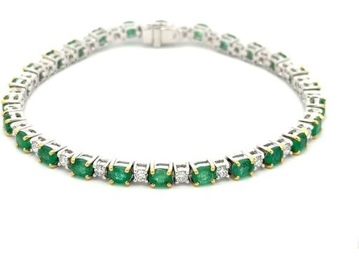 18K White Gold Tennis Bracelet with Natural Oval Emeralds and Diamonds