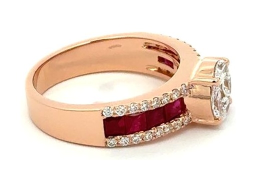 18K rose gold natural marquise and princess-cut diamonds with princess-cut red rubies and accent diamonds engagement ring