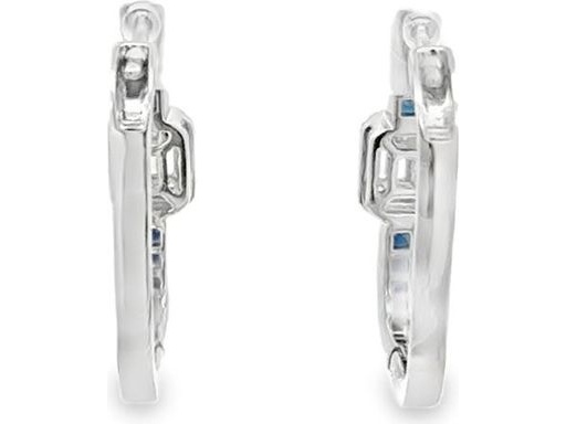 18K White Gold Hoop Earrings with Natural Baguette and Round Diamonds and Blue Sapphires