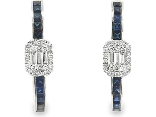 18K White Gold Hoop Earrings with Natural Baguette and Round Diamonds and Blue Sapphires